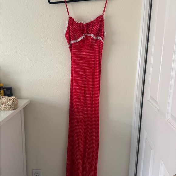 Isabelles Cabinet Dresses & Skirts - Red Polka Dot Maxi Slip Dress with White Lace Trim